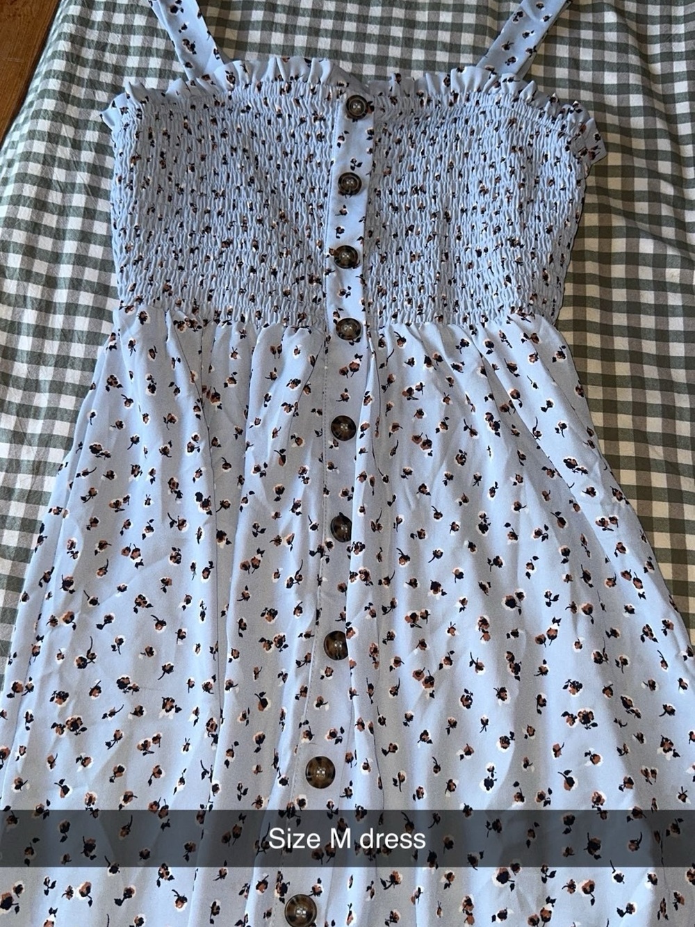 Light Blue Smocked Button-Front Sundress with Ditsy Floral